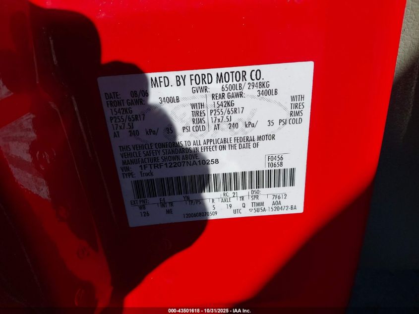 2007 Ford F-150 Stx/Xl/Xlt VIN: 1FTRF12207NA10258 Lot: 43501618