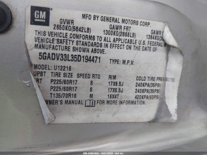 2005 Buick Terraza Cxl VIN: 5GADV33L35D194471 Lot: 43501624