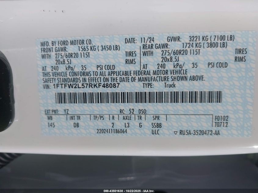 2024 Ford F-150 Stx VIN: 1FTFW2L57RKF48087 Lot: 43501638