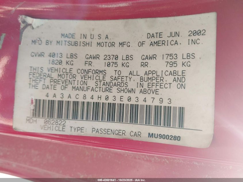 2003 Mitsubishi Eclipse Gt VIN: 4A3AC84H03E034793 Lot: 43501641