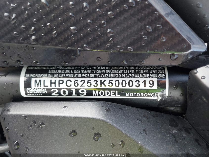 2019 Honda Cbr500 Ra VIN: MLHPC6253K5000319 Lot: 43501642