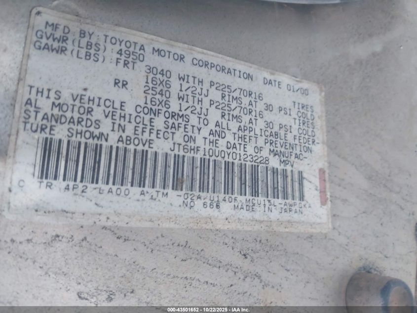 2000 Lexus Rx 300 VIN: JT6HF10U0Y0123228 Lot: 43501652