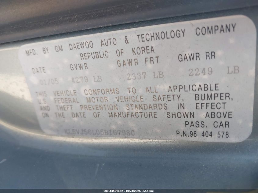 2005 Suzuki Verona Lx/S VIN: KL5VJ56L05B167980 Lot: 43501672