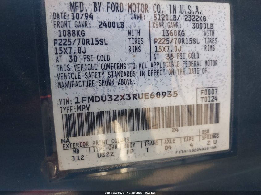 1994 Ford Explorer VIN: 1FMDU32X3RUE60935 Lot: 43501679