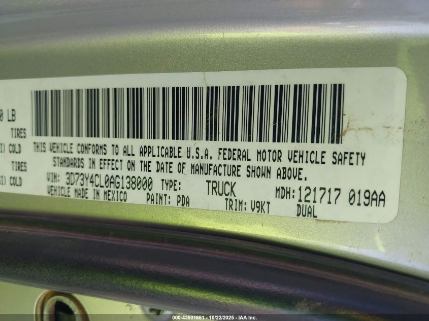 2010 Dodge Ram 3500 Slt VIN: 3D73Y4CL0AG138000 Lot: 43501681