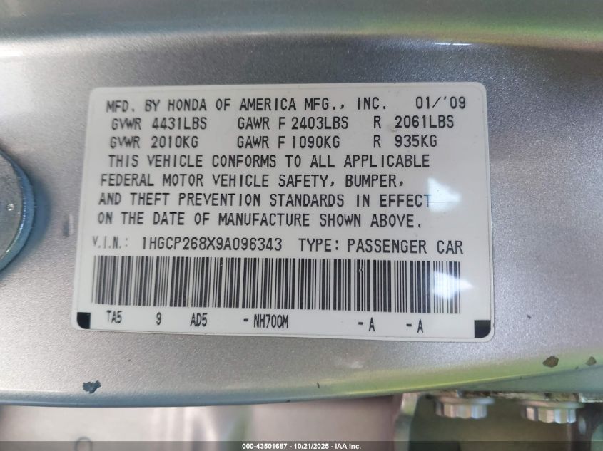 2009 Honda Accord 2.4 Ex-L VIN: 1HGCP268X9A096343 Lot: 43501687
