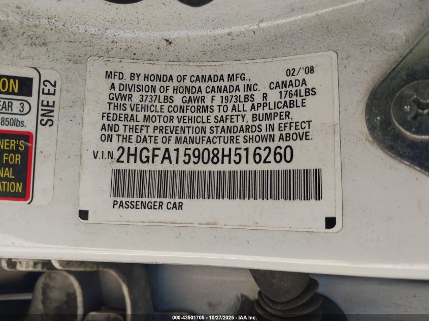 2008 Honda Civic Ex-L VIN: 2HGFA15908H516260 Lot: 43501705