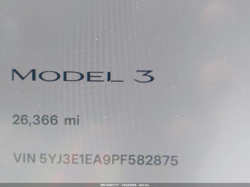2023 Tesla Model 3 Rear-Wheel Drive VIN: 5YJ3E1EA9PF582875 Lot: 43501711