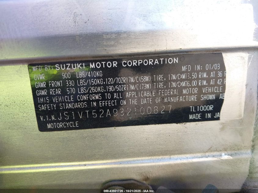 2003 Suzuki Tl1000 R VIN: JS1VT52A932100827 Lot: 43501726