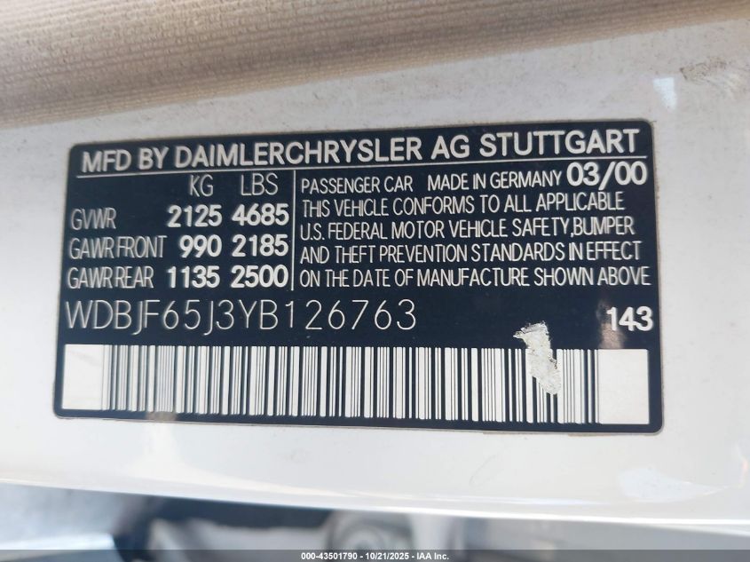 2000 Mercedes-Benz E 320 VIN: WDBJF65J3YB126763 Lot: 43501790