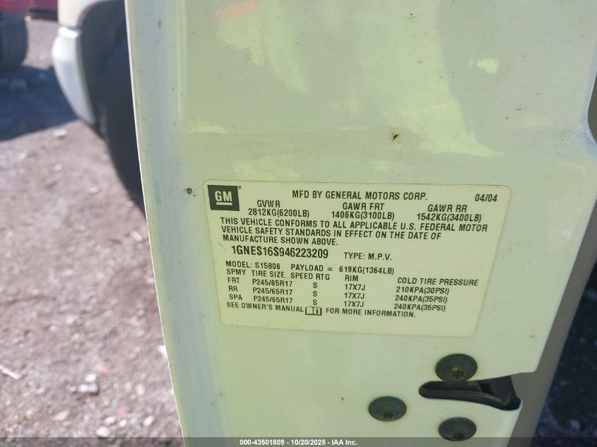 2004 Chevrolet Trailblazer Ext Ls VIN: 1GNES16S946223209 Lot: 43501809