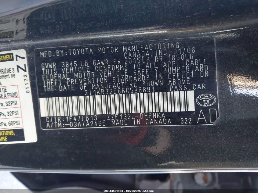 2006 Toyota Matrix Xr VIN: 2T1KR32E86C586891 Lot: 43501953