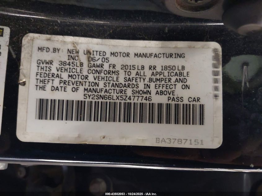 2005 Pontiac Vibe Gt VIN: 5Y2SN66LX5Z477746 Lot: 43502053