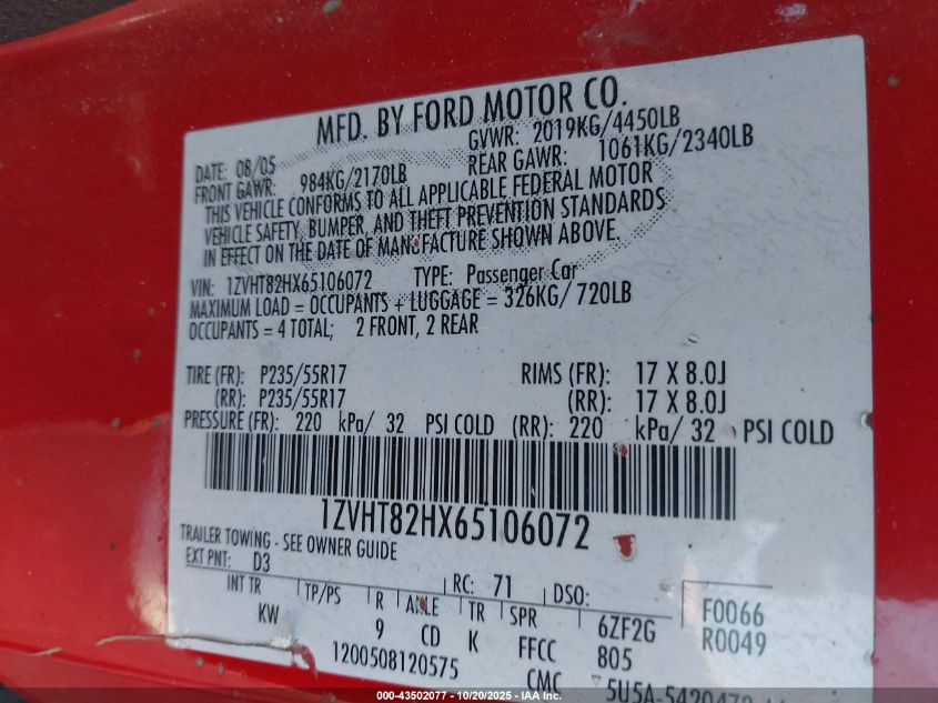 2006 Ford Mustang Gt VIN: 1ZVHT82HX65106072 Lot: 43502077