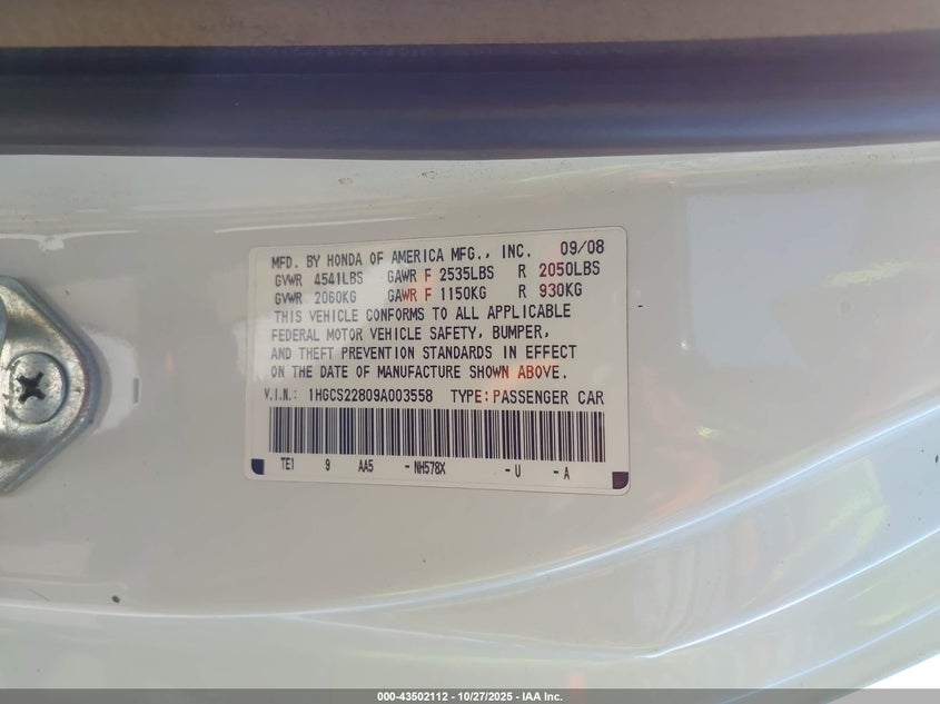 1HGCS22809A003558 2009 HONDA ACCORD photo no. 9