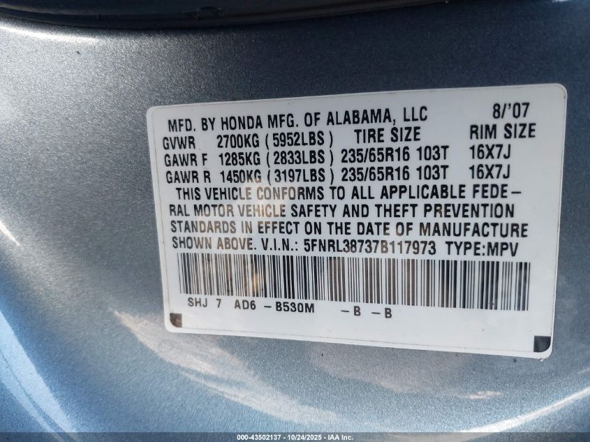 2007 Honda Odyssey Ex-L VIN: 5FNRL38737B117973 Lot: 43502137