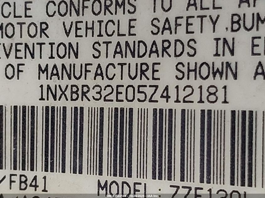 2005 Toyota Corolla Le VIN: 1NXBR32E05Z412181 Lot: 43502144