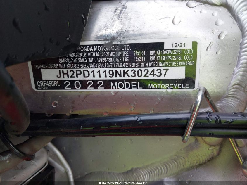 2022 Honda Crf450 Rl VIN: JH2PD1119NK302437 Lot: 43502239