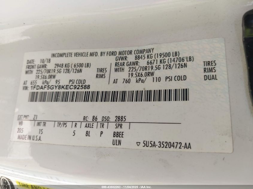 2019 Ford F-550 Chassis VIN: 1FDAF5GY8KE92588 Lot: 43502263