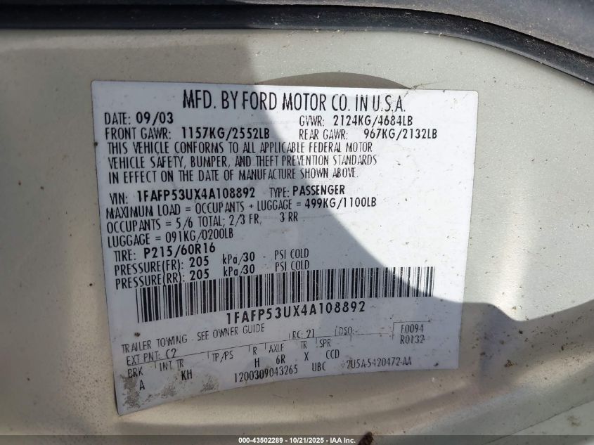 2004 Ford Taurus Se VIN: 1FAFP53UX4A108892 Lot: 43502289