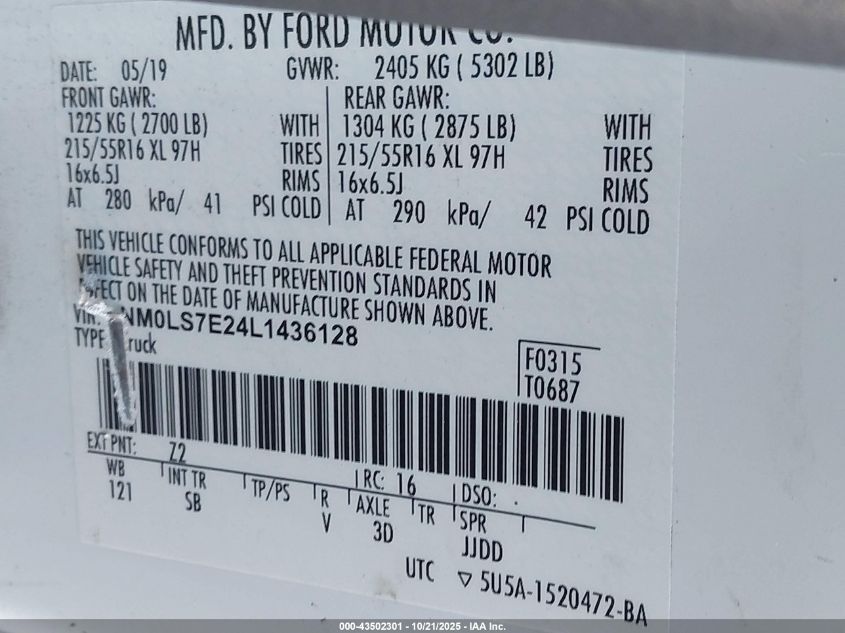 2020 Ford Transit Connect Xl VIN: NM0LS7E24L1436128 Lot: 43502301