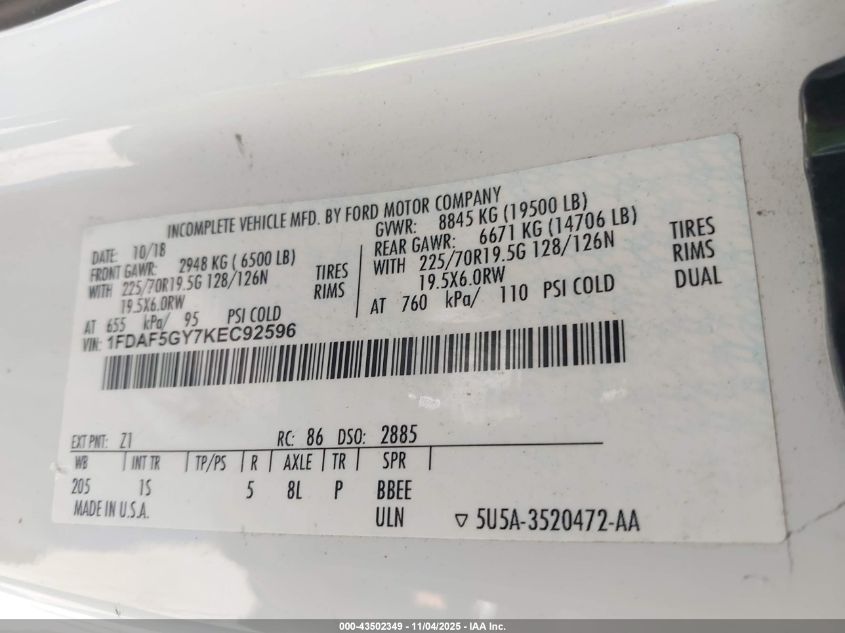 2019 Ford F-550 Chassis Xl VIN: 1FDAF5GY7KEC92596 Lot: 43502349