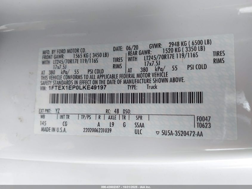 2020 Ford F-150 Xl VIN: 1FTEX1EP0LKE49197 Lot: 43502357