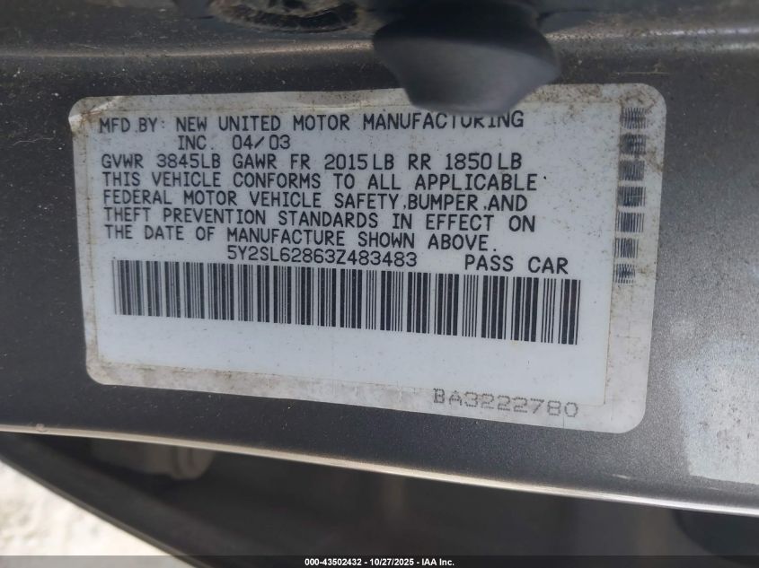 2003 Pontiac Vibe VIN: 5Y2SL62863Z483483 Lot: 43502432