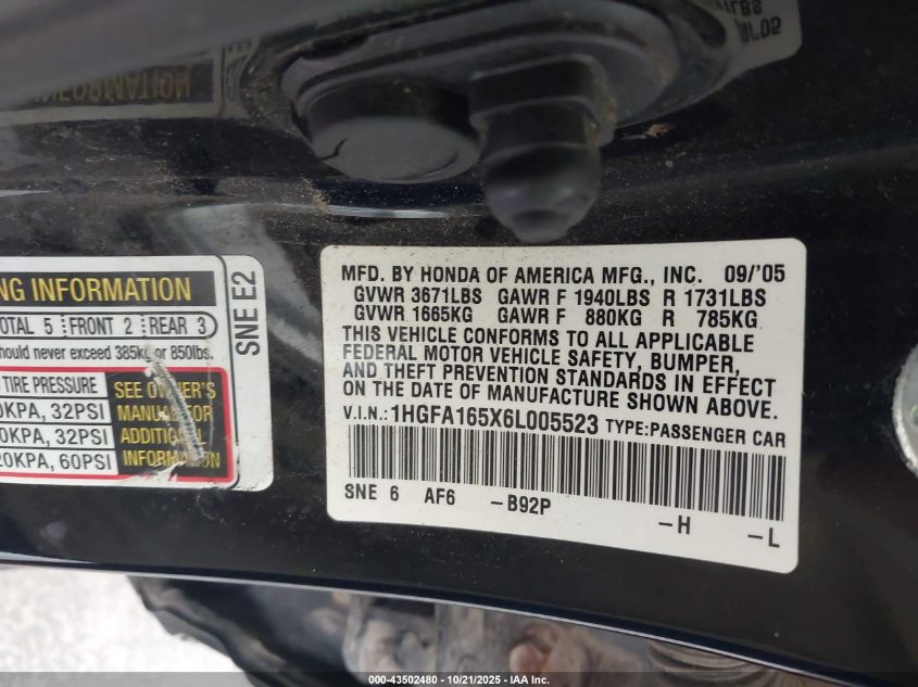 2006 Honda Civic Lx VIN: 1HGFA165X6L005523 Lot: 43502480