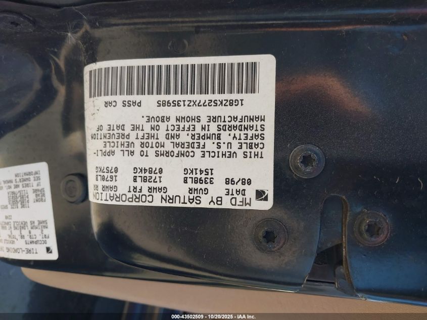 1999 Saturn Sl2 VIN: 1G8ZK5277XZ135985 Lot: 43502509