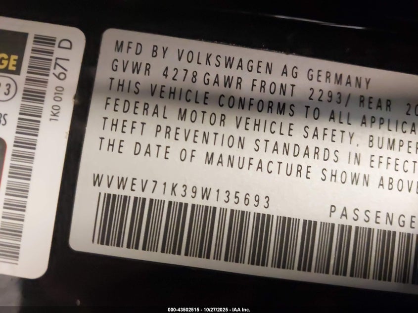 WVWEV71K39W135693 2009 VOLKSWAGEN GTI photo no. 9