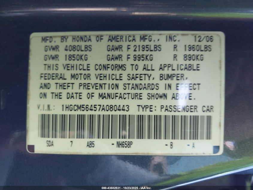 2007 Honda Accord 2.4 Lx VIN: 1HGCM56457A080443 Lot: 43502531