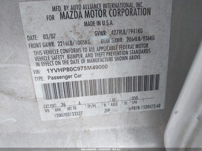 2007 Mazda Mazda6 I Sport Ve VIN: 1YVHP80C975M49000 Lot: 43502558