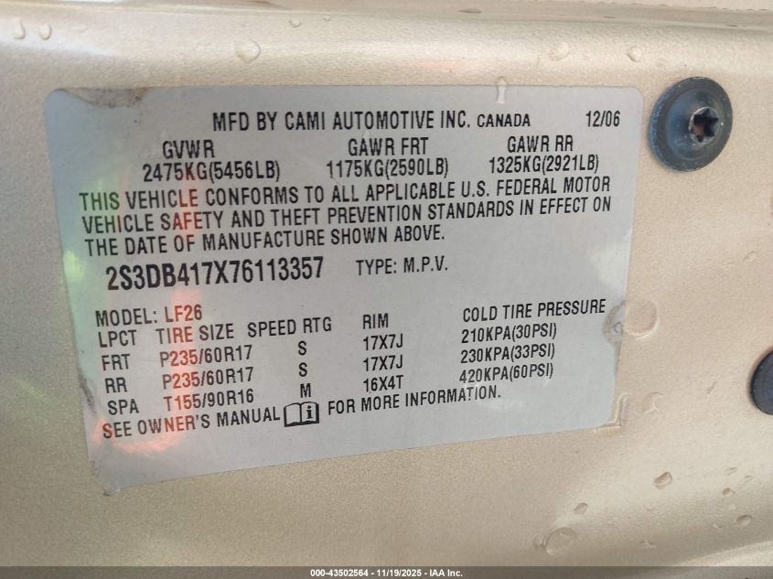 2007 Suzuki Xl7 Luxury VIN: 2S3DB417X76113357 Lot: 43502564