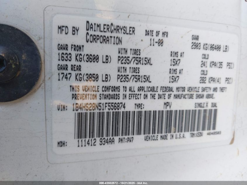 2001 Dodge Durango VIN: 1B4HS28N51F556874 Lot: 43502572
