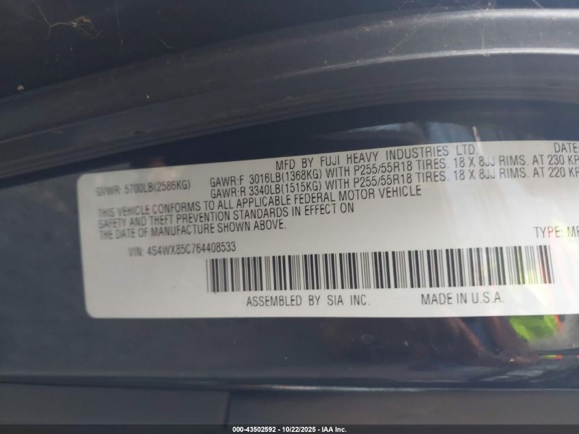 2006 Subaru B9 Tribeca Base 7-Passenger/Limited 7-Passenger VIN: 4S4WX85C764408533 Lot: 43502592