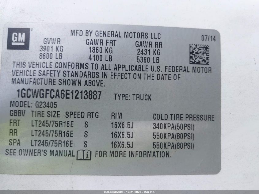 2014 Chevrolet Express 2500 Work Van VIN: 1GCWGFCA6E1213887 Lot: 43502608