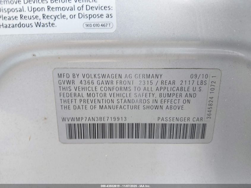 2011 Volkswagen Cc Sport VIN: WVWMP7AN3BE719913 Lot: 43502619