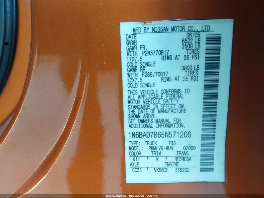 2005 Nissan Titan Le VIN: 1N6BA07B65N571206 Lot: 43502624