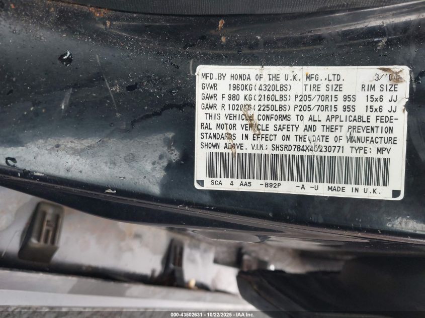 2004 Honda Cr-V Lx VIN: SHSRD784X4U230771 Lot: 43502631