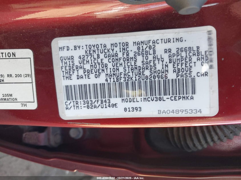4T1BF32K12U020966 2002 TOYOTA CAMRY photo no. 9