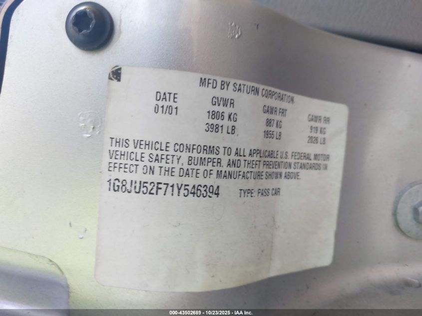 2001 Saturn L200 VIN: 1G8JU52F71Y546394 Lot: 43502689