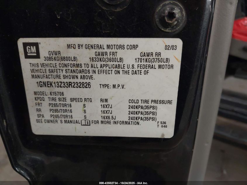 2003 Chevrolet Tahoe Lt VIN: 1GNEK13Z33R232826 Lot: 43502734