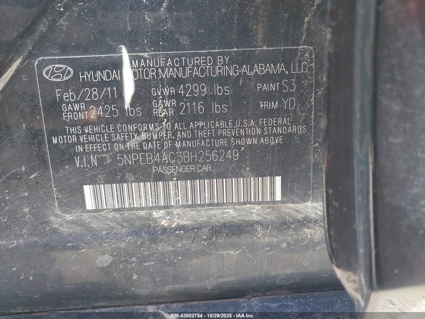 5NPEB4AC3BH256249 2011 HYUNDAI SONATA photo no. 9
