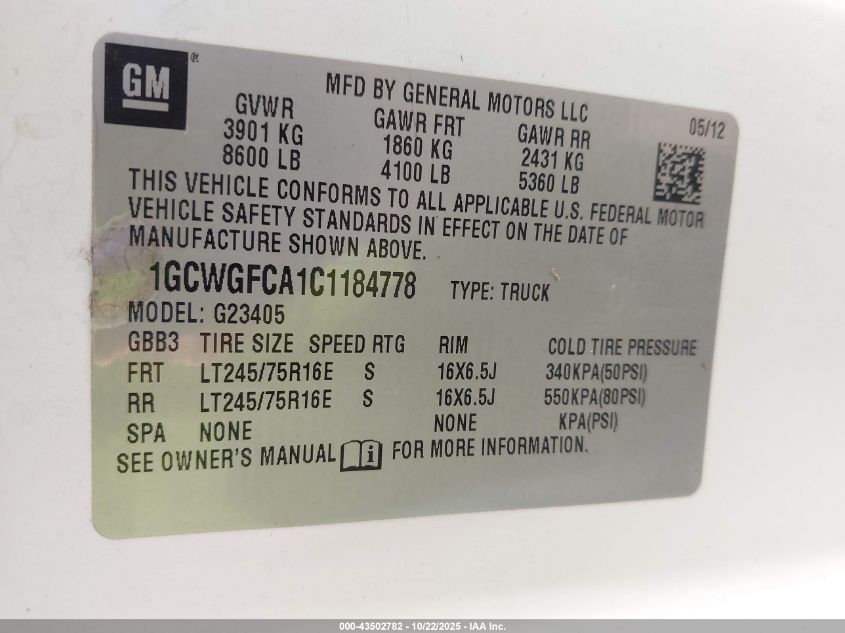 2012 Chevrolet Express 2500 Work Van VIN: 1GCWGFCA1C1184778 Lot: 43502782