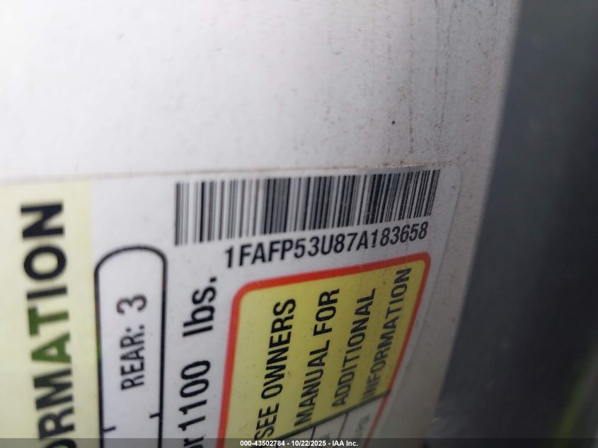 2007 Ford Taurus Se VIN: 1FAFP53U87A183658 Lot: 43502784