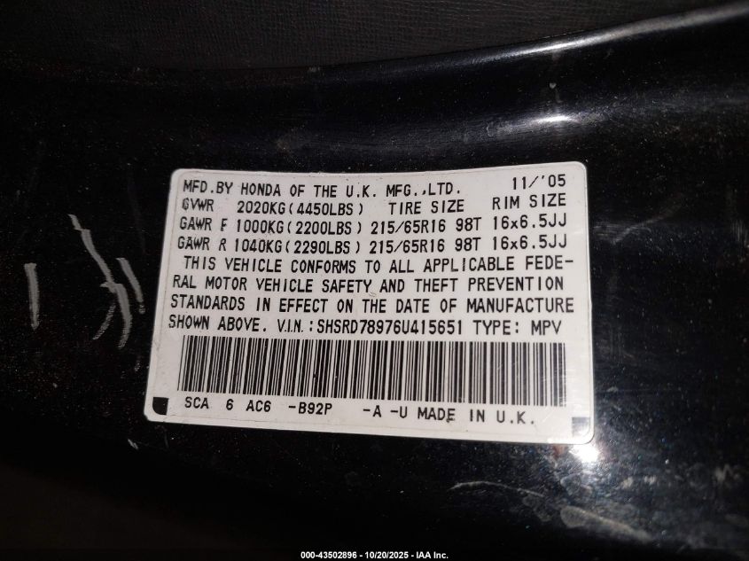2006 Honda Cr-V Se VIN: SHSRD78976U415651 Lot: 43502896