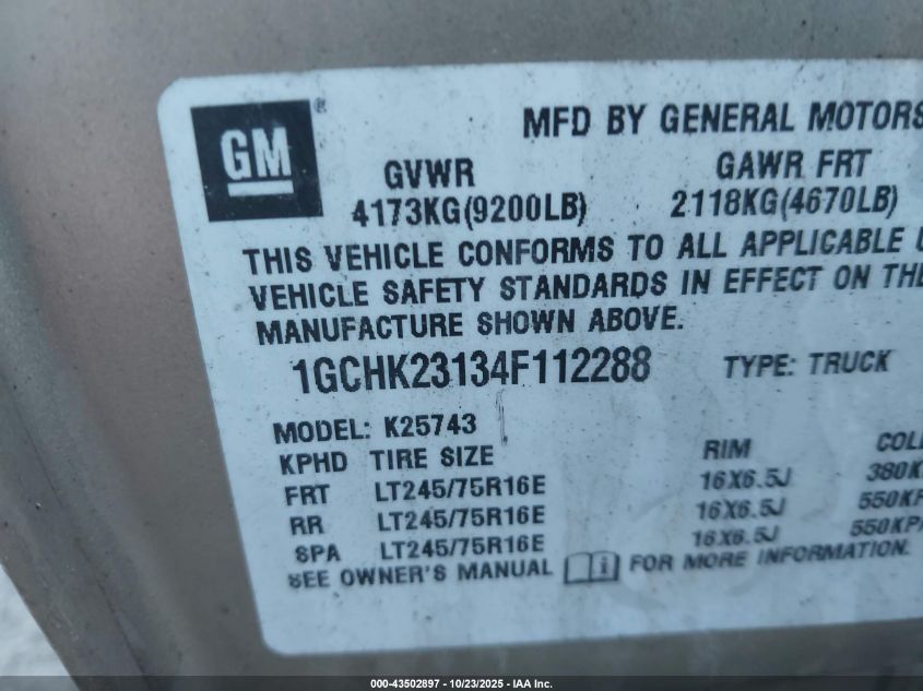 2004 Chevrolet Silverado 2500Hd Lt VIN: 1GCHK23134F112288 Lot: 43502897