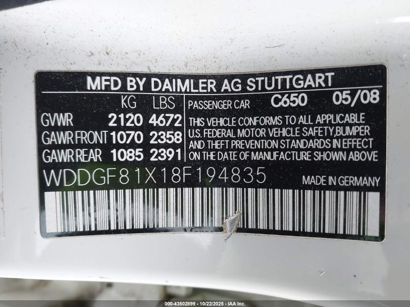 2008 Mercedes-Benz C 300 Luxury 4Matic/Sport 4Matic VIN: WDDGF81X18F194835 Lot: 43502899