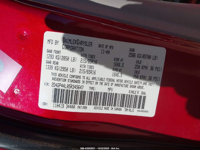 2005 Dodge Grand Caravan Sxt VIN: 2D4GP44L05R345647 Lot: 43502921